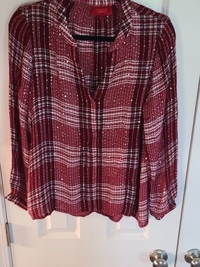 Jennifer Lopez Burgundy Plaid Sparkle V-Neck Blouse